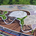 Modern Unique Pergola With Transparent Curved Roof Green Plants And Bicycle Path On Wooden Deck