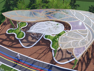 Modern Unique Pergola With Transparent Curved Roof Green Plants And Bicycle Path On Wooden Deck 3d model