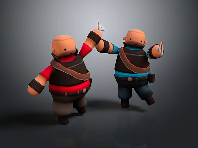 Cartoon Game Characters In Red Blue Outfits Black Vests Holding Tools High Five Lively Pose 3d model