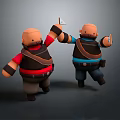 Cartoon Game Characters In Red Blue Outfits Black Vests Holding Tools High Five Lively Pose