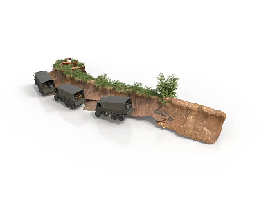 Realistic Modern Military Scene With Broken Cliff Military Trucks And Lush Greenery 3d model