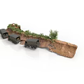 Realistic Modern Military Scene With Broken Cliff Military Trucks And Lush Greenery