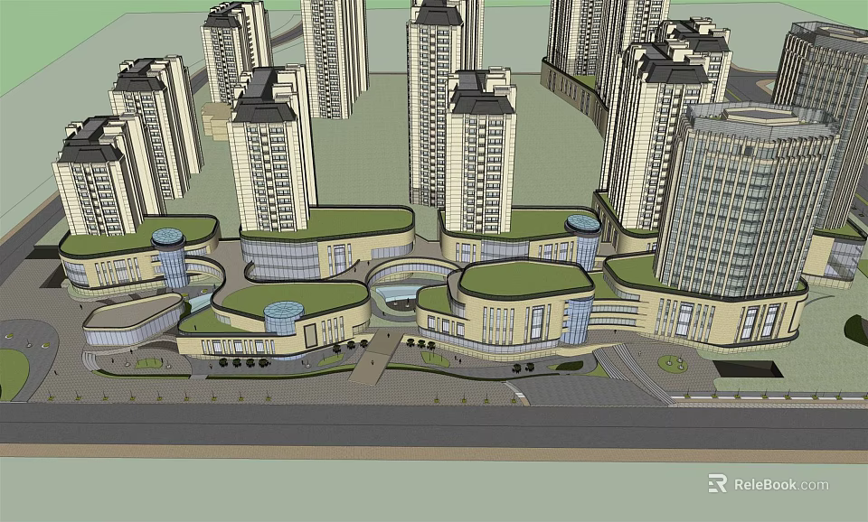 Modern Commercial Complex With High Rise Buildings Green Roofs Curved Structures And Public Plazas 3d model 