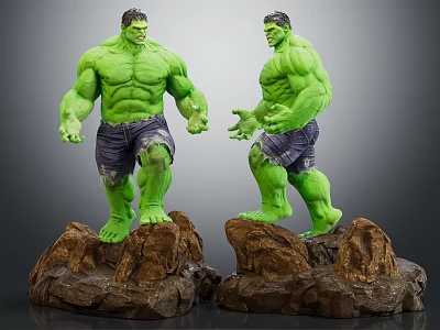 Two Green Hulk Statues With Muscular Bodies Tattered Shorts And Rock Bases 3d model