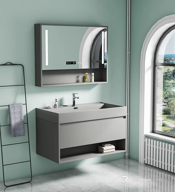 Modern Gray Washbasin Vanity with Cabinet Mirror Towel Rack and Toiletries by Window 3d model 