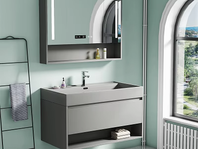 Modern Gray Washbasin Vanity with Cabinet Mirror Towel Rack and Toiletries by Window 3d model