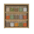 Clear Glass Spice Jars For Kitchen Storage On Wooden Shelf With Various Spices