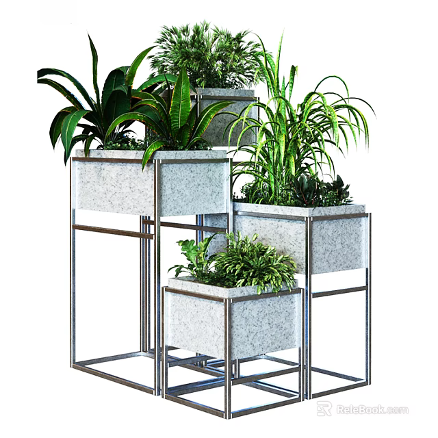 Modern Floral Display With Metal Frame Plant Stands And Various Green Plants 3d model 