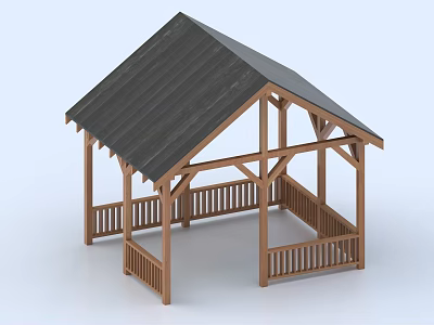 Open Wooden Outdoor Pavilion With Black Roof And Timber Frame Railings 3d model