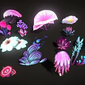 Vibrant Colorful Floral Plants With Pink Purple Blue And White Petals On Black Background