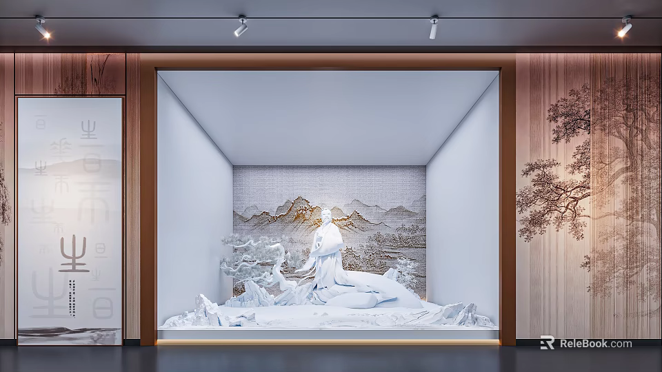 Display Cabinet With White Rockery Figure Statue Landscape Pattern Wall Wooden Decorations Spotlight Lighting 3d model 