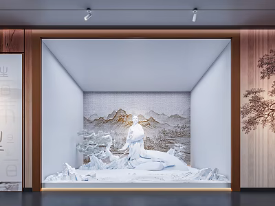 Display Cabinet With White Rockery Figure Statue Landscape Pattern Wall Wooden Decorations Spotlight Lighting 3d model