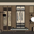 Modern Japanese-style Walk-in Closet Interior With Wooden Glass Door Wardrobe Hanging Clothes Bench And Mirror