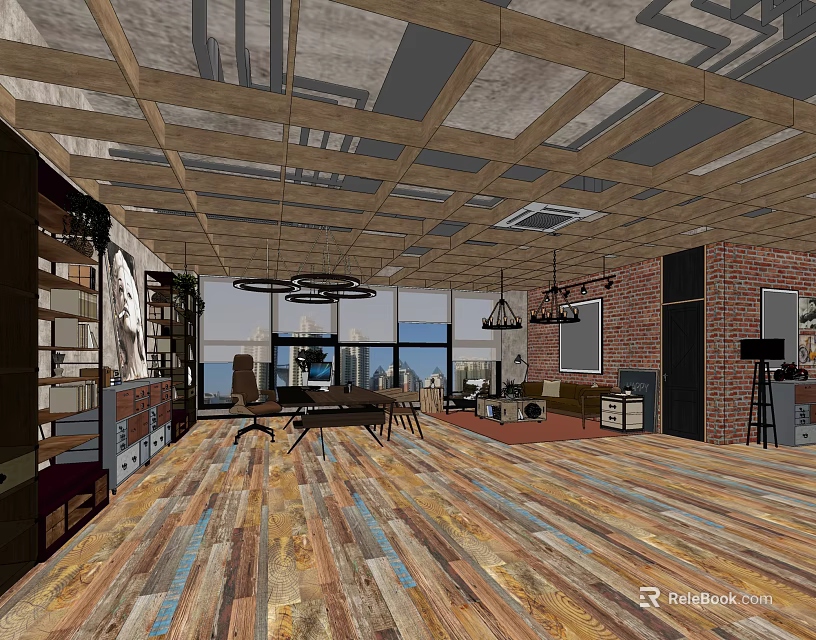 Industrial Modern Office Interior Design With Exposed Brick Walls Wooden Floors And Pendant Lights 3d model 