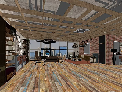 Industrial Modern Office Interior Design With Exposed Brick Walls Wooden Floors And Pendant Lights 3d model