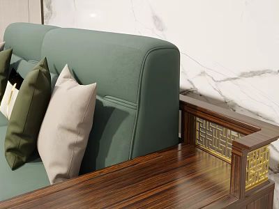 Green And Beige Throw Pillows On Green Sofa With Wooden Accent And Marble Wall 3d model