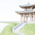 Traditional Chinese Pavilion By Lake With Sunset Sky Mountain Green Trees And People