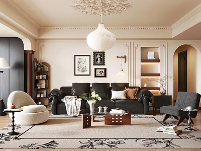 French Middle Style Living Room Leather French Sofa Leisure Chair Round Coffee Table Side Table Bookshelf Decorative Painting Spherical Chandelier Carpet 3d model