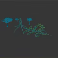 Plants With Dried Trees Exposed Roots And Green Leafy Branches On White Background