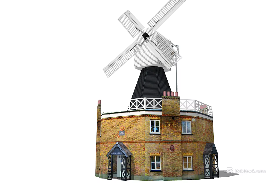 Traditional Windmill Building Structure With Brick Walls Black Conical Roof And Balcony 3d model 