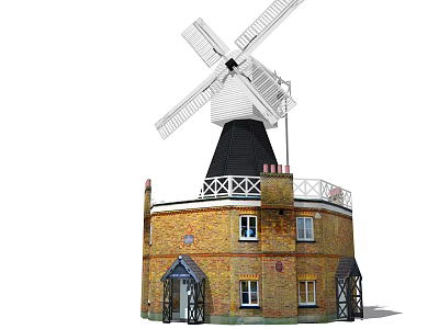Traditional Windmill Building Structure With Brick Walls Black Conical Roof And Balcony 3d model