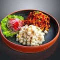 Colorful Food Plate with Fresh Lettuce Red Onion Spicy Minced Meat and Corn Kernels