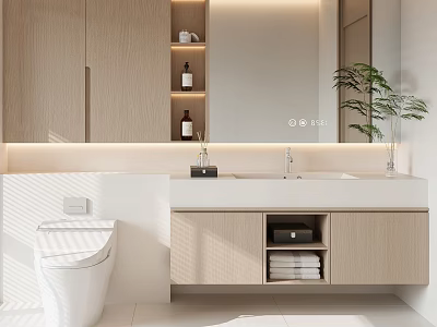 Modern Bathroom Cabinet With Light Wood Mirror Open Shelves And Storage Countertop 3d model