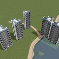 Modern Tall Residential Buildings With Green Lawns Pathways And Clear Blue Sky