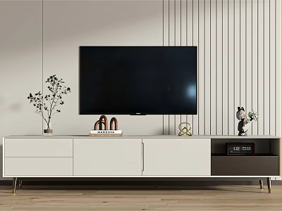 Modern White and Gray TV Stand with TV Plant Decorative Items and Vertical Striped Wall 3d model