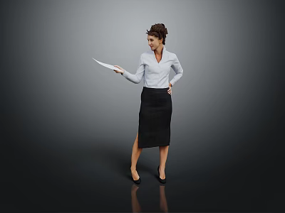 Businesswoman in White Shirt and Black Skirt Holding Document Against Gray Background With Reflective Floor 3d model