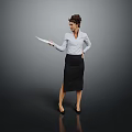Businesswoman in White Shirt and Black Skirt Holding Document Against Gray Background With Reflective Floor
