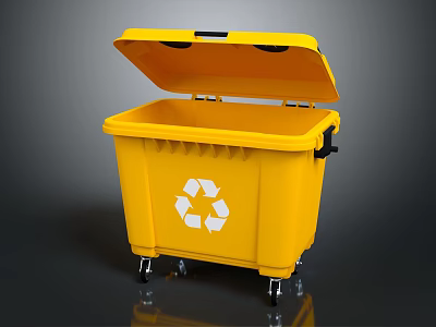 Public Yellow Recycling Bin With Open Lid And Recycling Symbol On Wheels 3d model