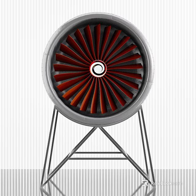 Industrial Turbine Engine With Red Blades And Metallic Stand Structure 3d model 