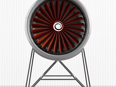 Industrial Turbine Engine With Red Blades And Metallic Stand Structure 3d model