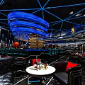 Modern Bar Interior Design With Blue Lighting Geometric Ceiling And Wine Racks