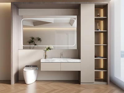 Modern Bathroom Interior With Large Mirror Vanity Vase Flowers And Lit Shelves On Herringbone Floor 3d model
