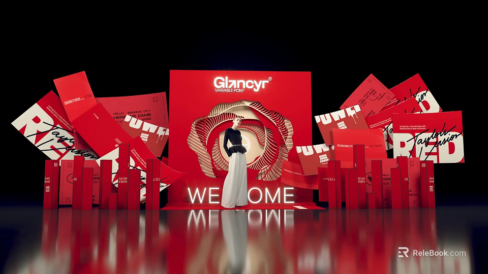 Glamour Themed Red Photo Check in Spot With Welcome Sign And Female Model 3d model 