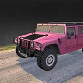 Pink Military Style Off Road Vehicle with Large Tires on Gravel Ground