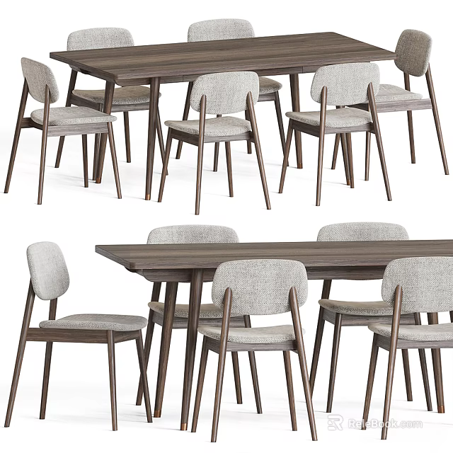 Modern Wooden Dining Table Set With Gray Upholstered Chairs And Solid Legs 3d model