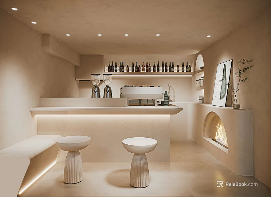 Modern Open Concept Milk Tea Shop Interior With Bar Counter Stools And Soft Lighting 3d model 