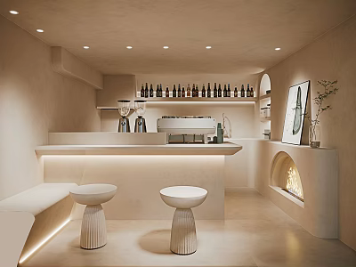 Modern Open Concept Milk Tea Shop Interior With Bar Counter Stools And Soft Lighting 3d model