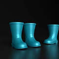 Shiny Blue Rain Boots Three Pairs On Black Background With Glossy Finish