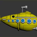 Yellow Cartoon Submarine 3D Model With Blue Circular Windows And Searchlight