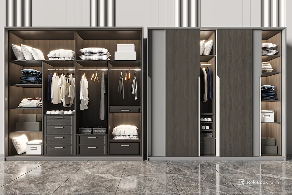Modern Wardrobe Design With Sliding Doors Open Shelves Hanging Rods And Drawers 3d model 
