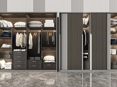 Modern Wardrobe Design With Sliding Doors Open Shelves Hanging Rods And Drawers 3d model
