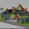 Colorful Castle Style Building With Circular Layout Red Roofs Towers Green Lawn And Palm Trees