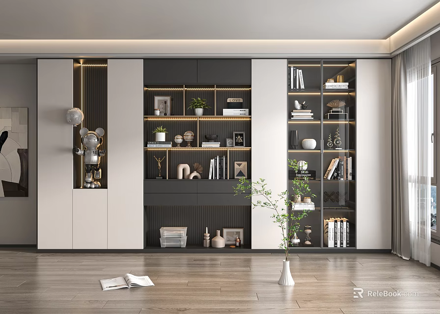Modern Built in Bookcase Interior Design With Books Decorative Items Vases And Plants 3d model 