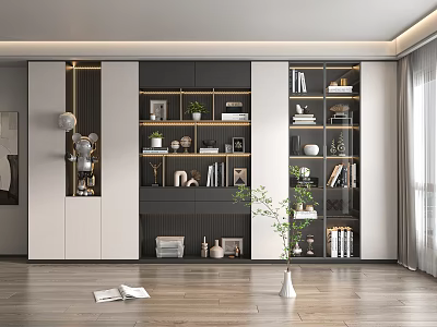 Modern Built in Bookcase Interior Design With Books Decorative Items Vases And Plants 3d model