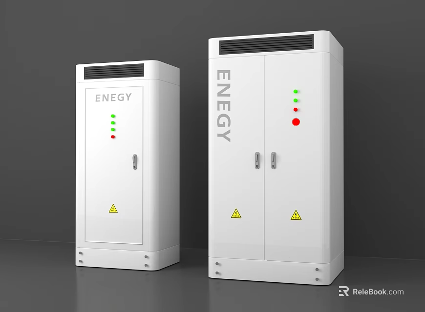 White Industrial Energy Control Cabinets With Indicator Lights And Warning Signs 3d model 
