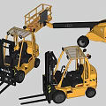 Yellow Functional Industrial Vehicles With Forklifts And Aerial Lift Truck